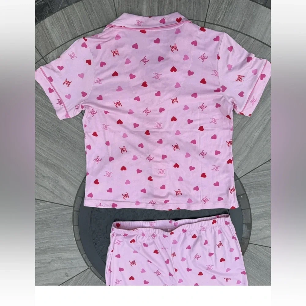 Juicy Couture Heart Logo Pajama Set Sleepwear Shirt/Pants JC Toss Pink  New - Picture 2 of 9